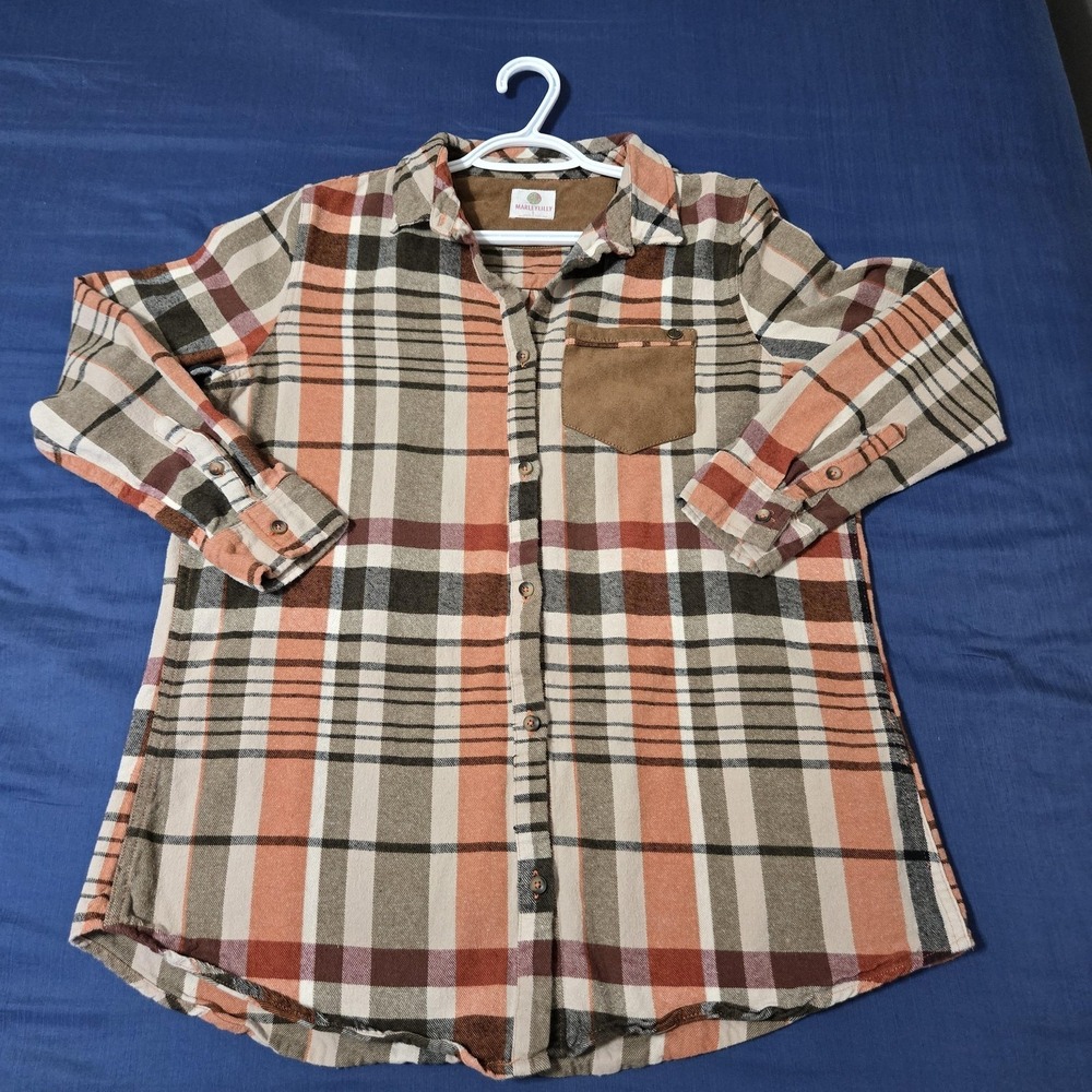 Marleylilly Shirt Womens 100% cotton LMulticolor Plaid Flannel Button Up Top